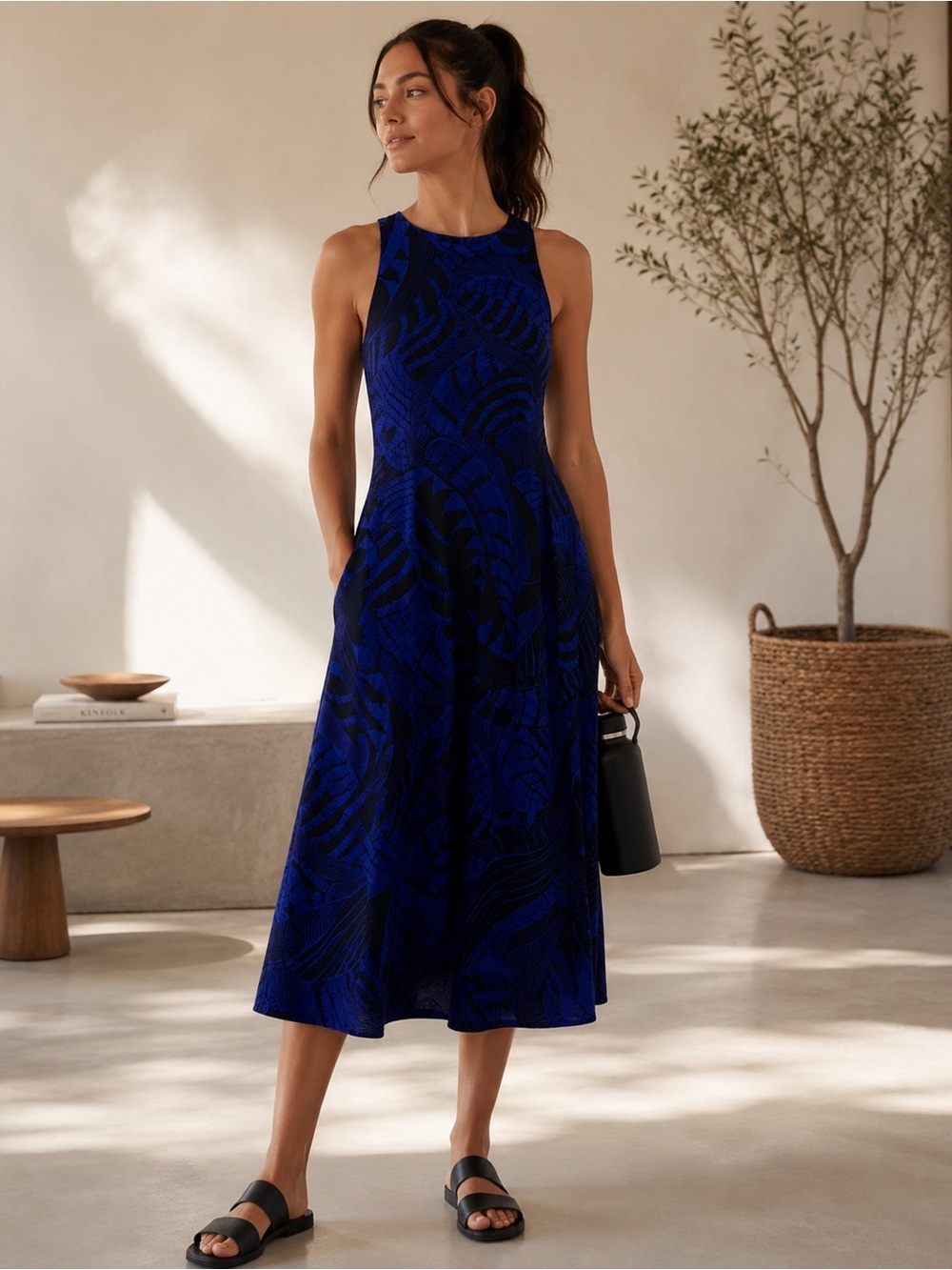 Athleta Royal Blue and Black Sleeveless Midi Dress
